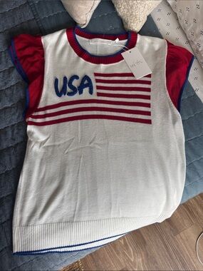 USA Flag Knit Flutter SleeveSweater Top - Red, White & Blue